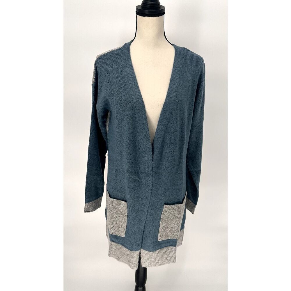 Womens Blue Grey‎ Colorblock Open Front Long Sleeve Cardigan Sweater Size M